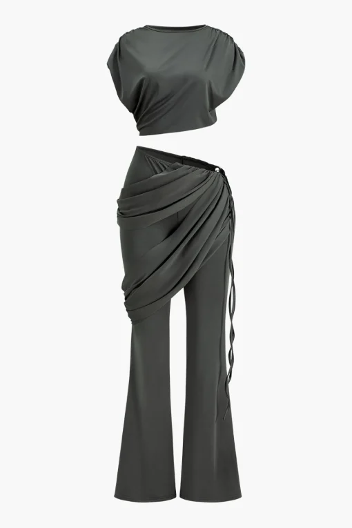MICAS Pant Sets-Solid Top And Asymmetrical Drawstring Flared Trouser Set