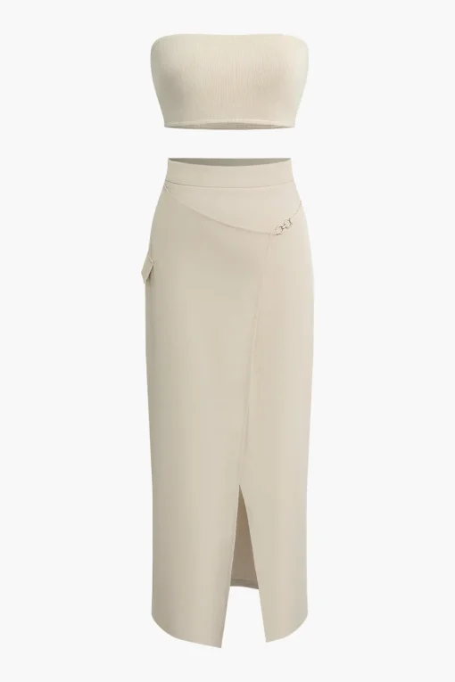 MICAS Skirt Sets-Solid Tube Top And Wrap Split Midi Skirt Set BEIGE