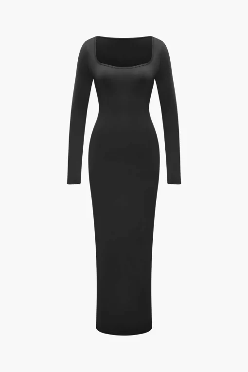 MICAS Long Sleeve Dresses|Maxi Dresses-Square Neck Long Sleeve Maxi Dress BLACK