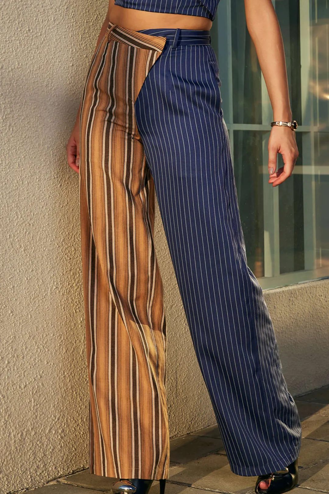 MICAS Pants-Stripe Asymmetrical Detail Color Block Print Trousers Contrast Color