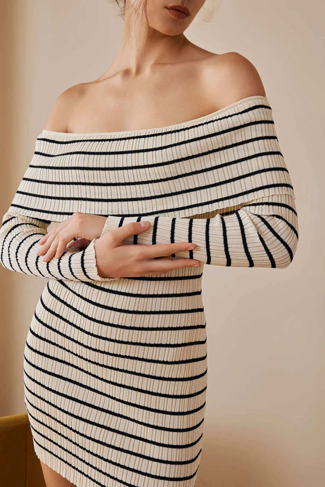 MICAS Long Sleeve Dresses|Knit Dresses-Stripe Print Knit Wrap Off Shoulder Dress Contrast Color