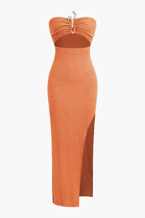 MICAS Maxi Dresses-Textured Ruched Cut Out Strapless Slit Maxi Dress