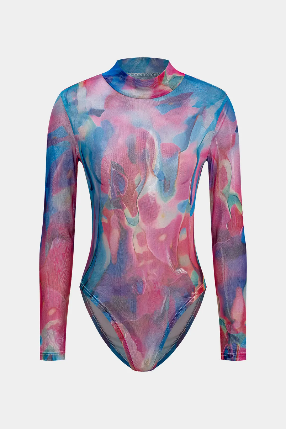 MICAS Bodysuits-Tie Dye Print Mesh Long Sleeve Sheer Bodysuit MULTICOLOR