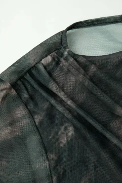 MICAS Long Sleeve Tops|Long Sleeves Tops-Tie Dye Ruched Mesh Long Sleeve Top MOCHA