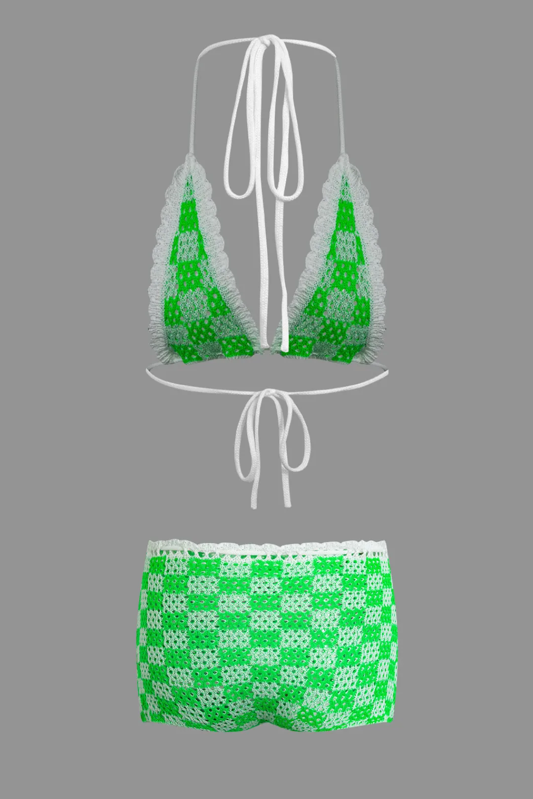 MICAS Short Sets-Tie Halter Crochet Open Knit Cami Top And Shorts Set Contrast Color