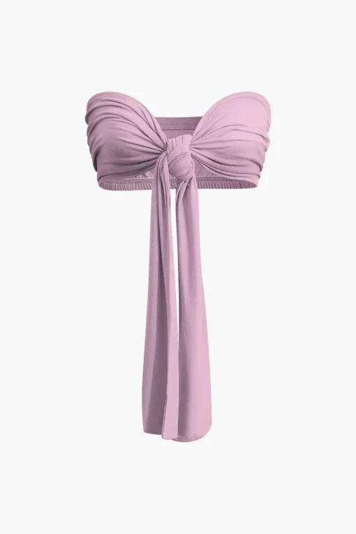 MICAS Pant Sets|Vacation Sets-Tie Knot Front Ruched Tube Top And Pleated Wide Leg Pants