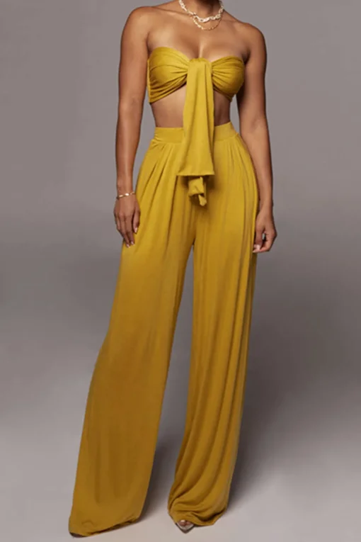MICAS Pant Sets|Vacation Sets-Tie Knot Front Ruched Tube Top And Pleated Wide Leg Pants