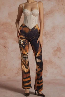 MICAS Pants-Tiger Print High Waist Trousers CHOCOLATE