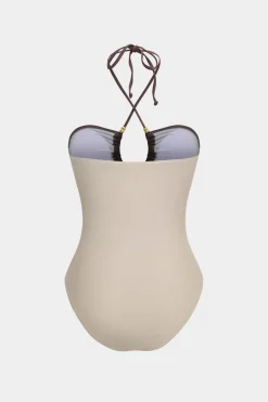 MICAS Swimwear-Tummy Control Contrast Halter Cut Out Swimwear And Twist Cover Up Set IVORY