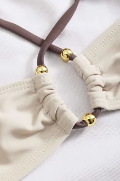 MICAS Swimwear-Tummy Control Contrast Halter Cut Out Swimwear And Twist Cover Up Set IVORY